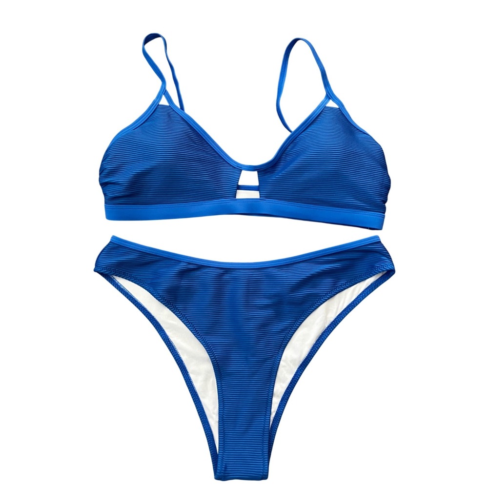 Cupshe Womens Ribbed Royal Blue Bikini Set V-Neck Cutout High Leg Medium